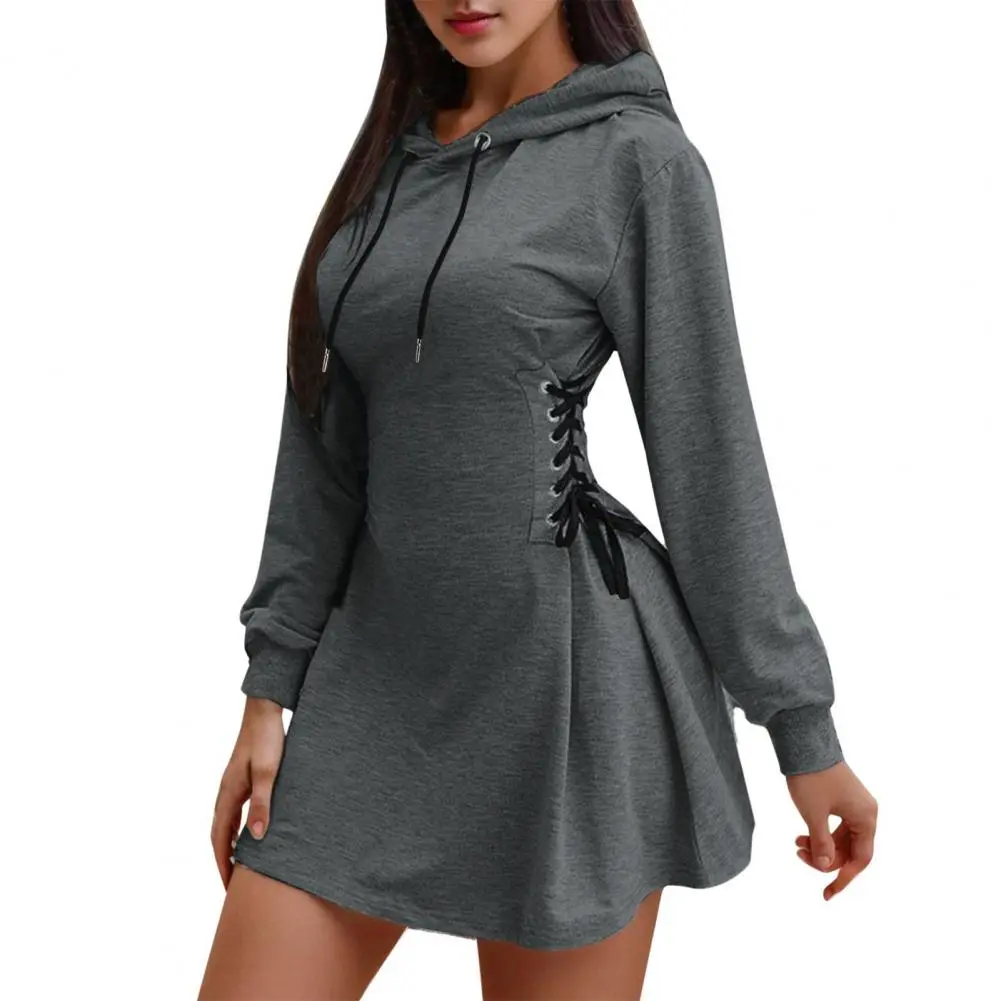 Women‘s Mini Dress Hooded Warm Sweat Shirt Long Sleeve Simple Casual Sports Skirt Side Lace-Up A-Line Dress
