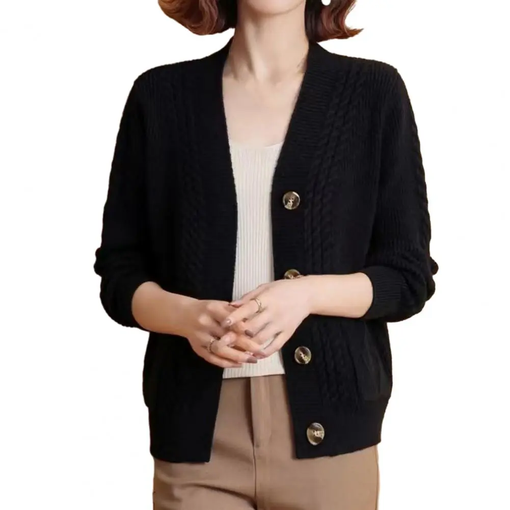 Women Casual Solid Single V Neck Knitted Cardigan Fashion Single Breasted Full Sleeves Sweater Autumn Chic Female Street Wear