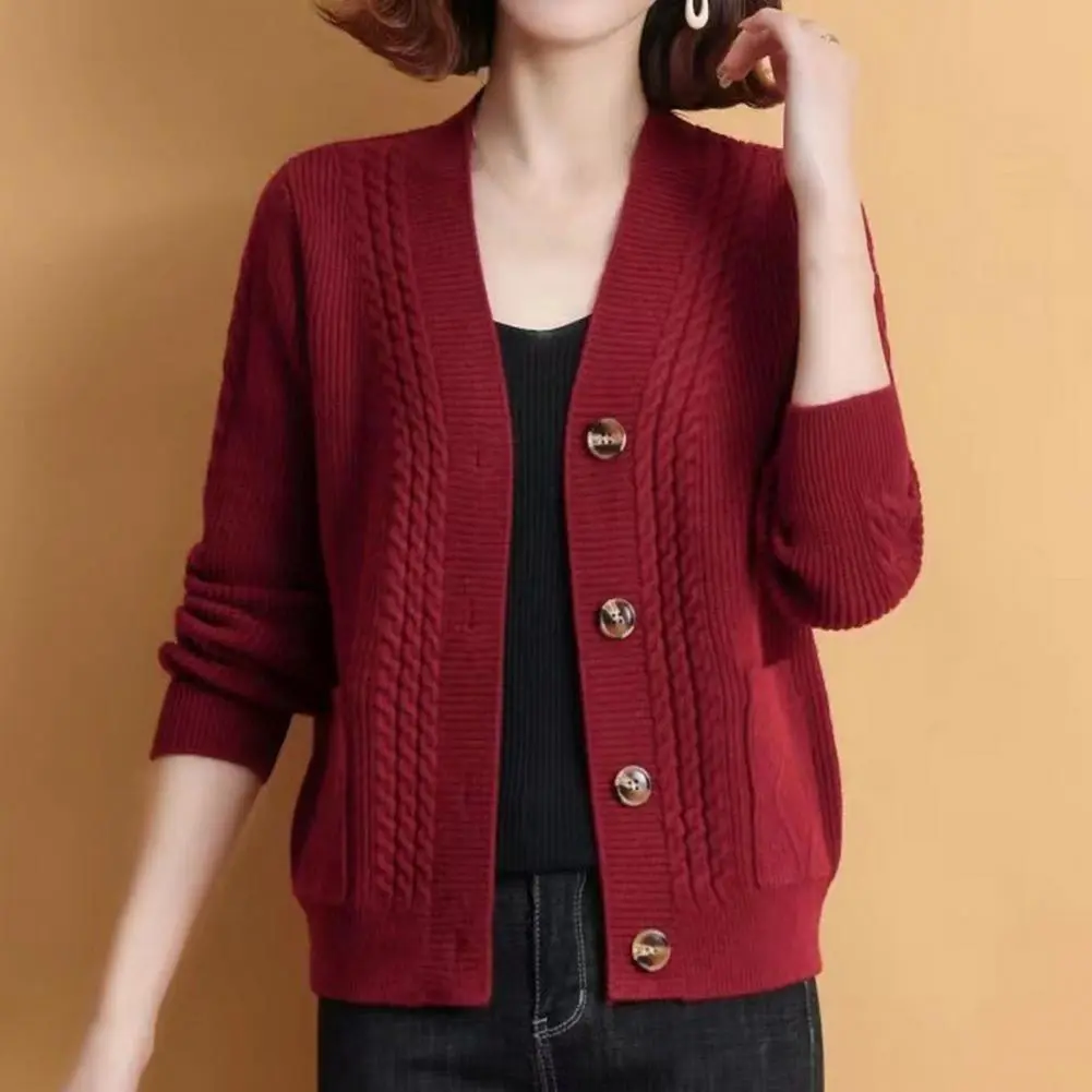 Women Casual Solid Single V Neck Knitted Cardigan Fashion Single Breasted Full Sleeves Sweater Autumn Chic Female Street Wear