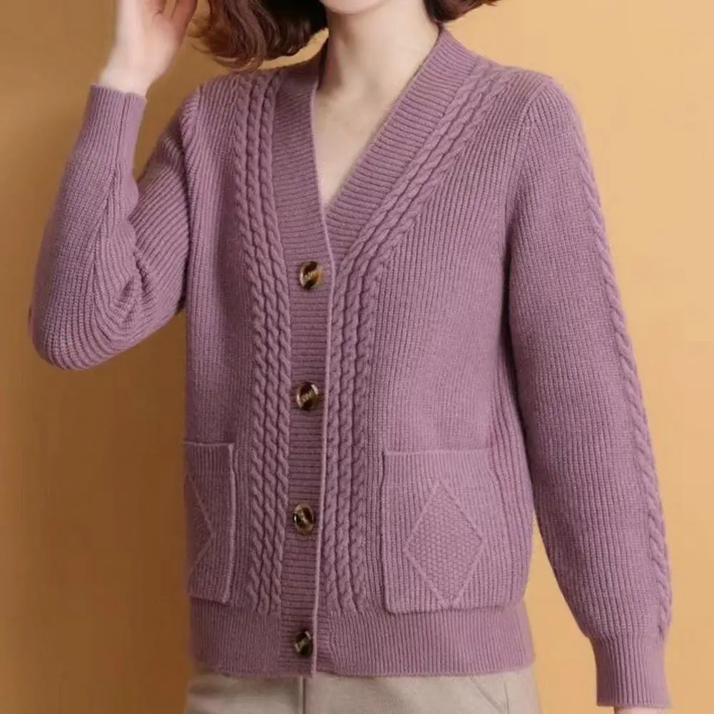 Women Casual Solid Single V Neck Knitted Cardigan Fashion Single Breasted Full Sleeves Sweater Autumn Chic Female Street Wear