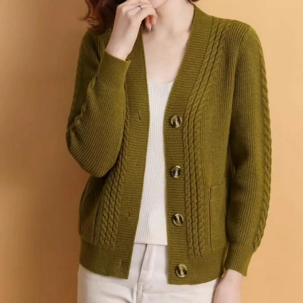 Women Casual Solid Single V Neck Knitted Cardigan Fashion Single Breasted Full Sleeves Sweater Autumn Chic Female Street Wear