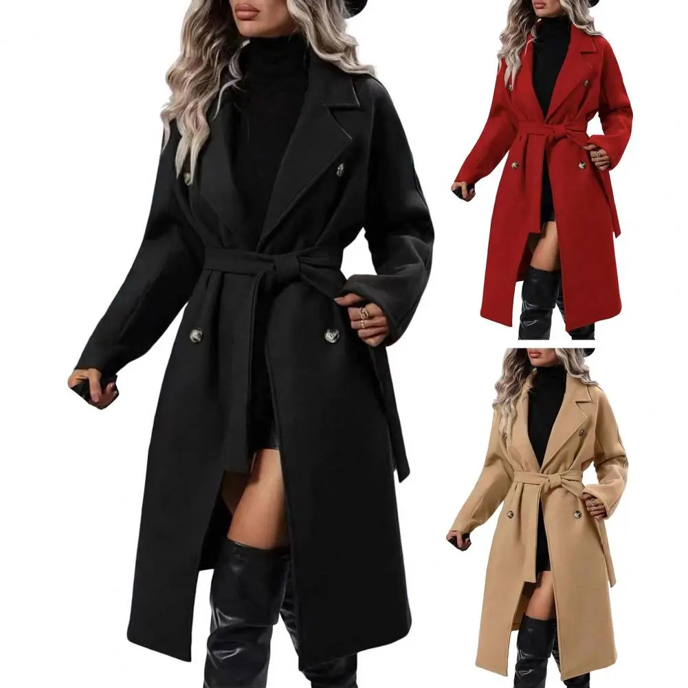 Double Breasted Retro Autumn Winter Thick Woolen Coat Belted Waist Long Sleeve Tie Design Women's Fashion Outerwear