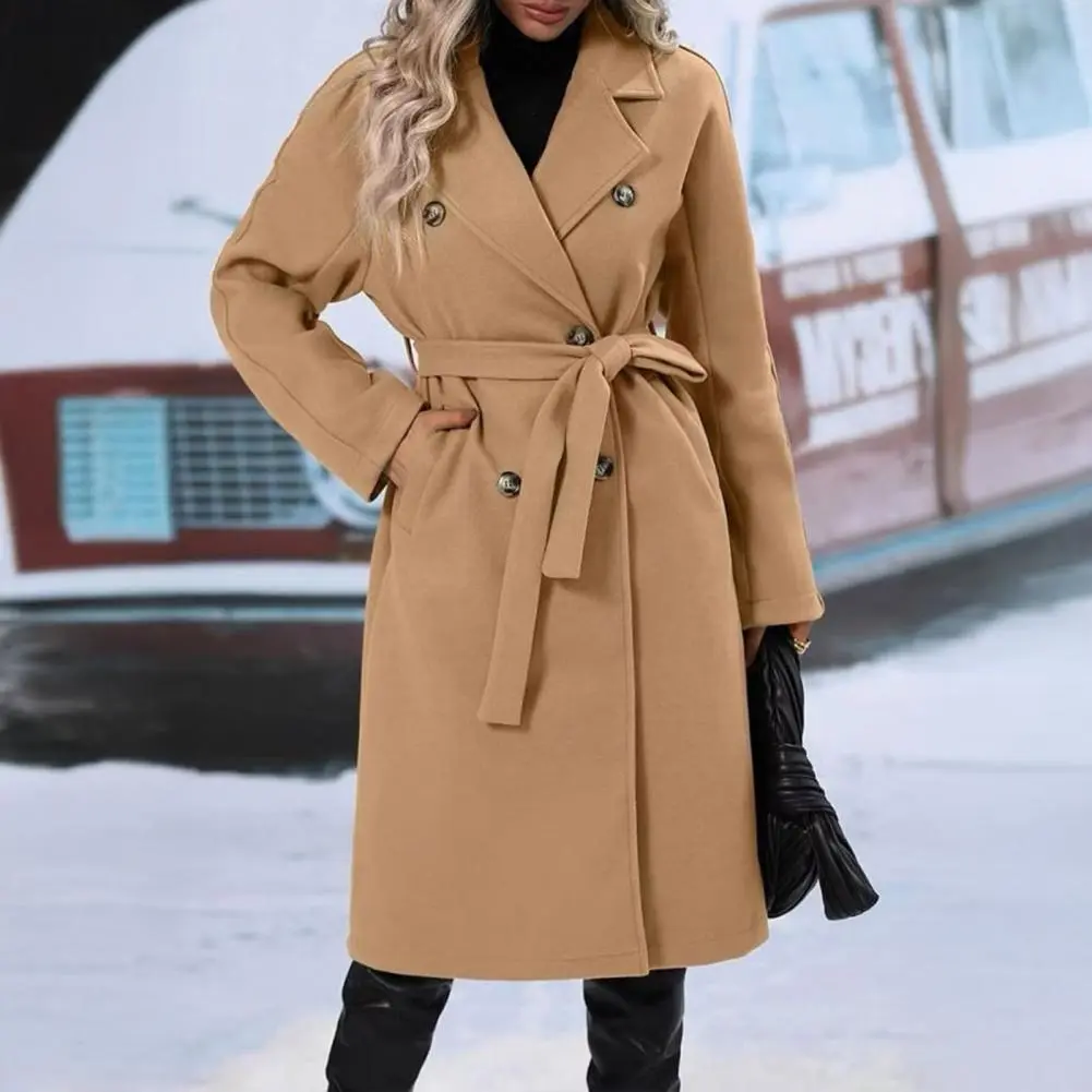 Double Breasted Retro Autumn Winter Thick Woolen Coat Belted Waist Long Sleeve Tie Design Women's Fashion Outerwear
