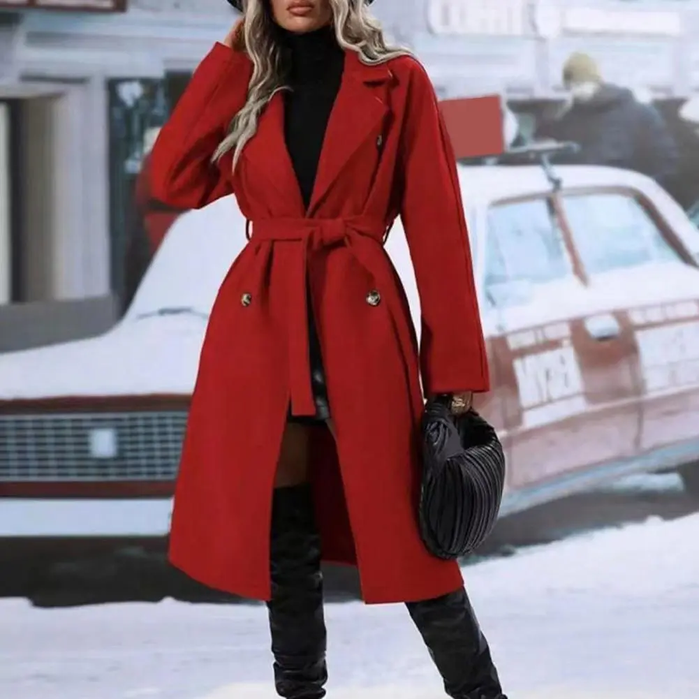 Double Breasted Retro Autumn Winter Thick Woolen Coat Belted Waist Long Sleeve Tie Design Women's Fashion Outerwear