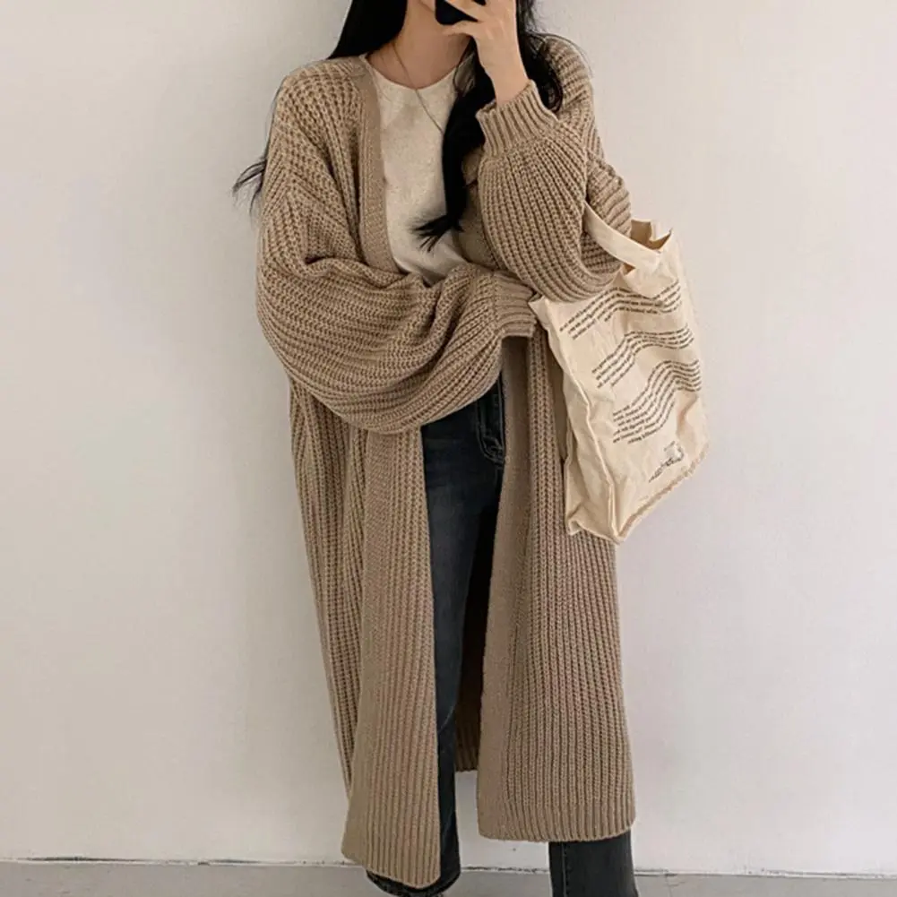 Loose Fit Sweater Coat Elegant V-neck Knitted Sweater Coat for Women Long Sleeve Open Front Cardigan Jacket Solid Color Stylish