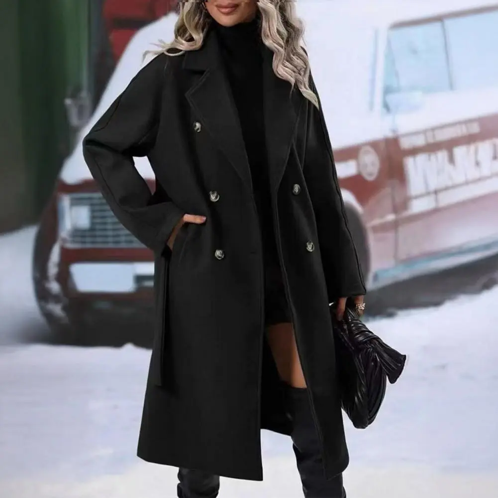 Double Breasted Retro Autumn Winter Thick Woolen Coat Belted Waist Long Sleeve Tie Design Women's Fashion Outerwear