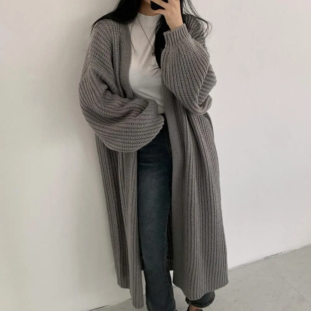 Loose Fit Sweater Coat Elegant V-neck Knitted Sweater Coat for Women Long Sleeve Open Front Cardigan Jacket Solid Color Stylish