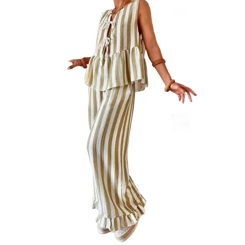 Polyester Fiber Outfit Striped Tank Top Wide Leg Pants Set for Women Lounge Matching Outfit Summer Beach Two Piece Set Stylish