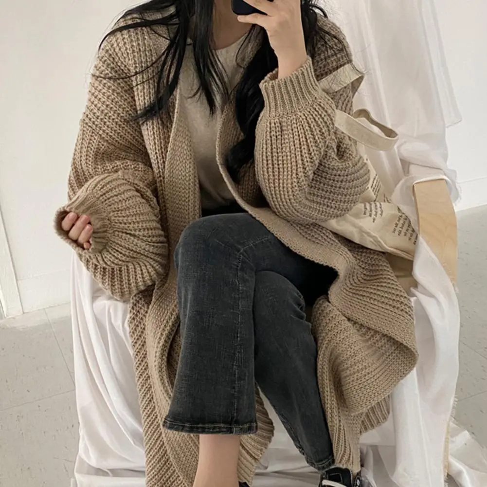 Loose Fit Sweater Coat Elegant V-neck Knitted Sweater Coat for Women Long Sleeve Open Front Cardigan Jacket Solid Color Stylish