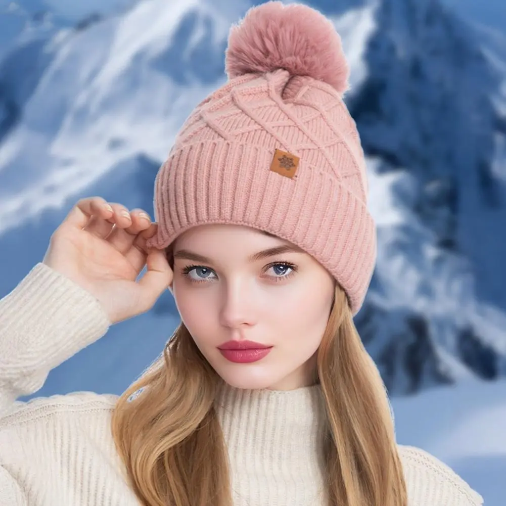 Soft Velvet Lining Knit Hat Cozy Winter Knit Hat with Faux Fur Pom Pom Ball Warm Fleece Lining for Women Stylish for Outdoor