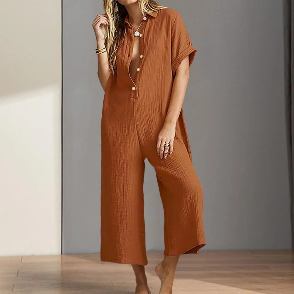 Women Jumpsuit Summer Overalls Short Sleeve Rompers With Pockets Wide-Leg Baggy Pants Vintage Jump Suit One-Piece Girls Playsuit