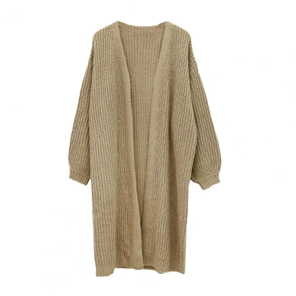 Loose Fit Sweater Coat Elegant V-neck Knitted Sweater Coat for Women Long Sleeve Open Front Cardigan Jacket Solid Color Stylish