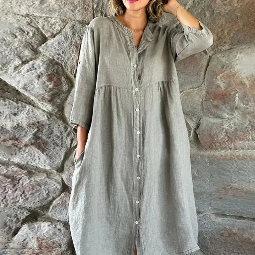 Casual Loose Pink Cotton Dress Ladies Fashion Long Sleeve Ankle Length Dress Elegant Beach Dresses For Women