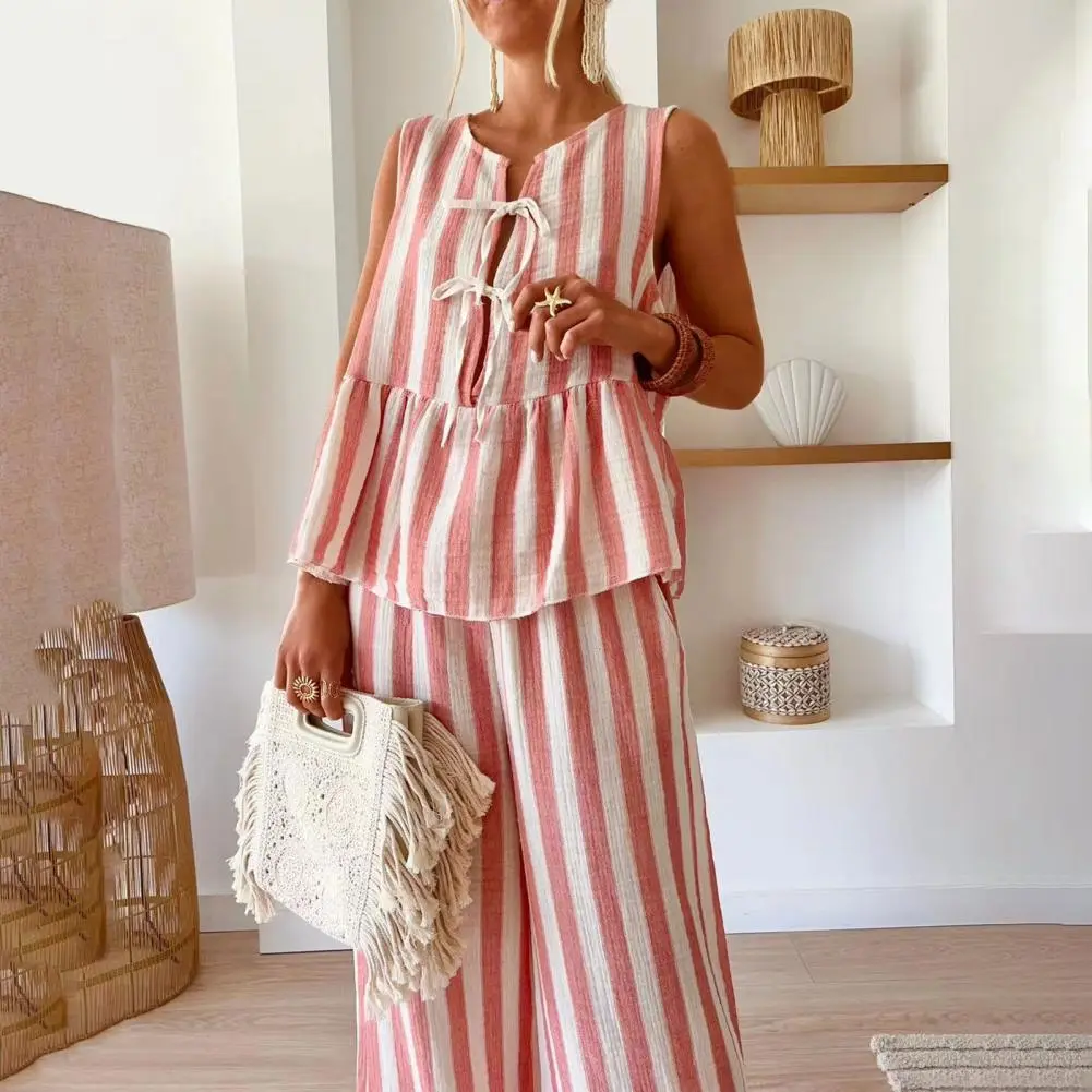 Polyester Fiber Outfit Striped Tank Top Wide Leg Pants Set for Women Lounge Matching Outfit Summer Beach Two Piece Set Stylish