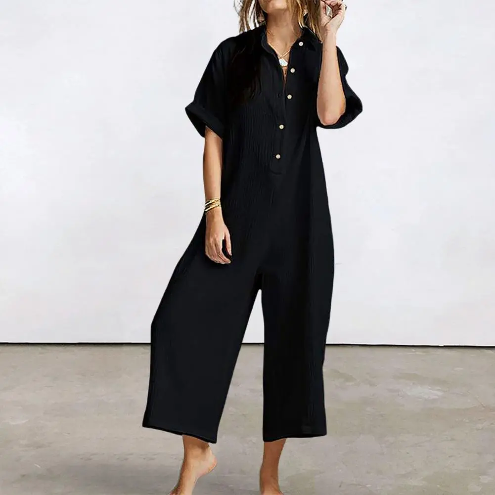 Women Jumpsuit Summer Overalls Short Sleeve Rompers With Pockets Wide-Leg Baggy Pants Vintage Jump Suit One-Piece Girls Playsuit