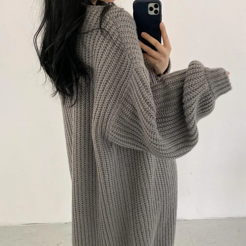 Loose Fit Sweater Coat Elegant V-neck Knitted Sweater Coat for Women Long Sleeve Open Front Cardigan Jacket Solid Color Stylish