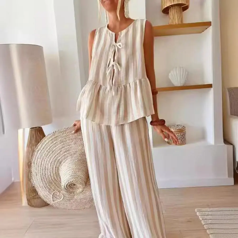 Polyester Fiber Outfit Striped Tank Top Wide Leg Pants Set for Women Lounge Matching Outfit Summer Beach Two Piece Set Stylish