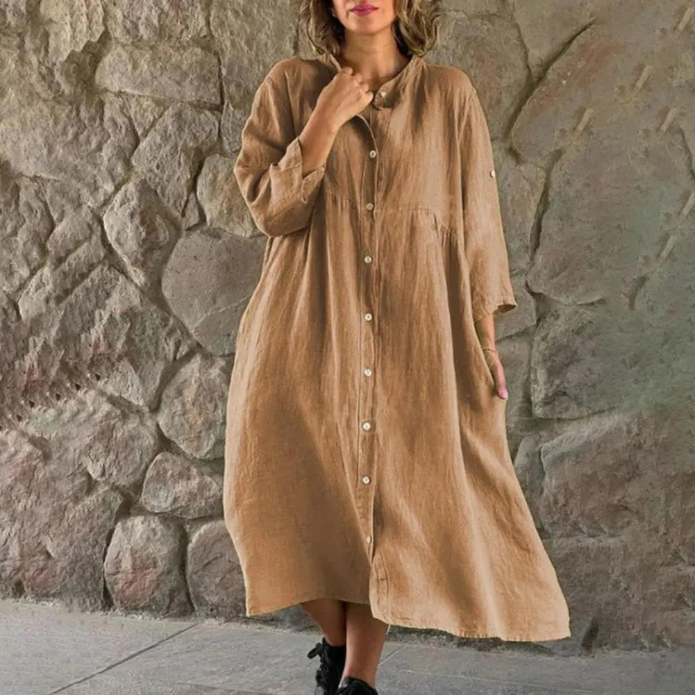 Casual Loose Pink Cotton Dress Ladies Fashion Long Sleeve Ankle Length Dress Elegant Beach Dresses For Women