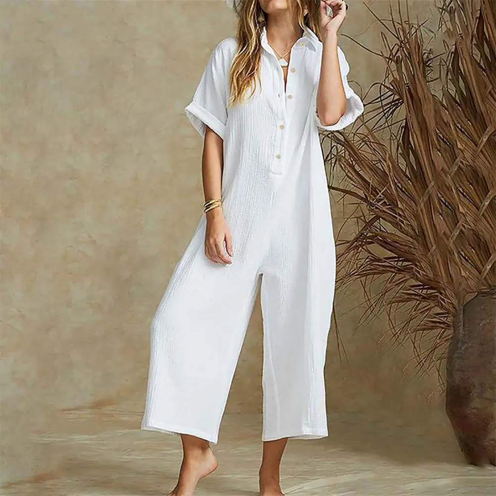 Women Jumpsuit Summer Overalls Short Sleeve Rompers With Pockets Wide-Leg Baggy Pants Vintage Jump Suit One-Piece Girls Playsuit