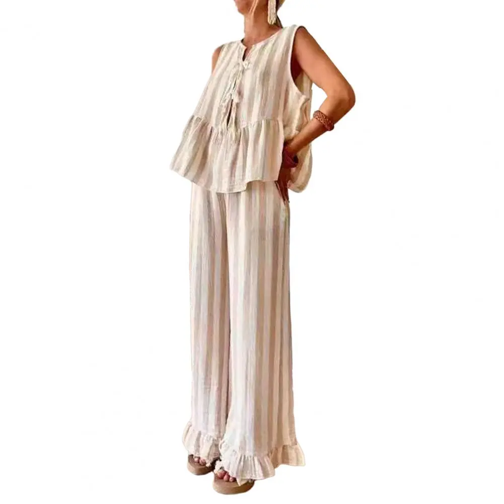Polyester Fiber Outfit Striped Tank Top Wide Leg Pants Set for Women Lounge Matching Outfit Summer Beach Two Piece Set Stylish