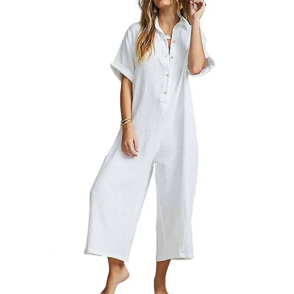 Women Jumpsuit Summer Overalls Short Sleeve Rompers With Pockets Wide-Leg Baggy Pants Vintage Jump Suit One-Piece Girls Playsuit