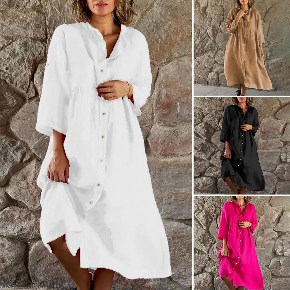Casual Loose Pink Cotton Dress Ladies Fashion Long Sleeve Ankle Length Dress Elegant Beach Dresses For Women