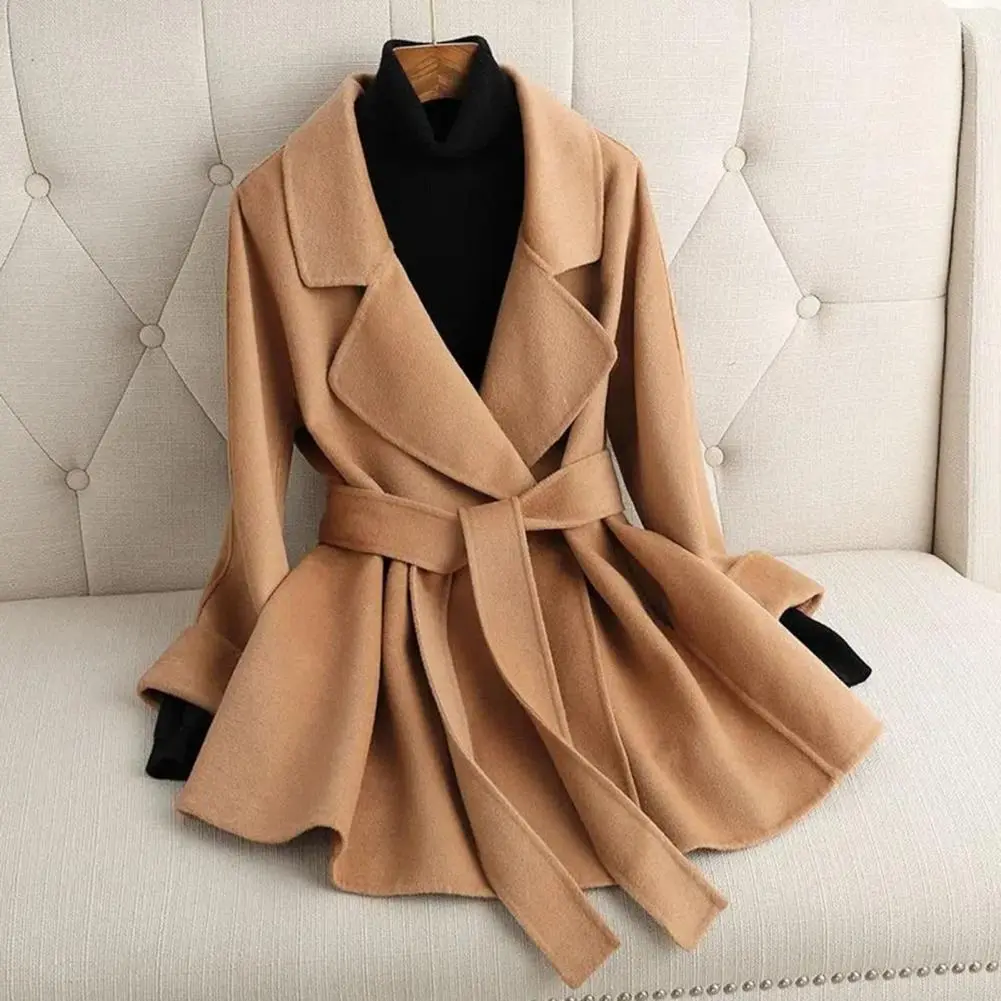 Korean Thick Female Trench Warm Jackets Turn-down Collar Long Puff Sleeve Clothes Autumn Elegant Belt Coat Women Chic Midi Top