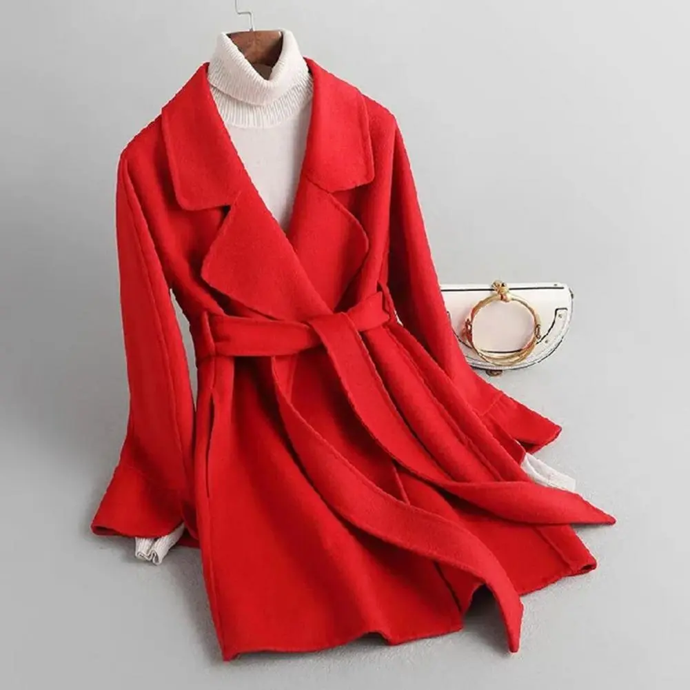 Korean Thick Female Trench Warm Jackets Turn-down Collar Long Puff Sleeve Clothes Autumn Elegant Belt Coat Women Chic Midi Top