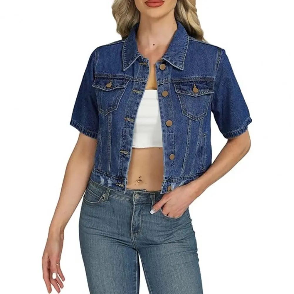 Women's Cropped Denim Jackets Lapel Button Down Casual Coat Women's Denim Jacket Cropped Jean Coat
