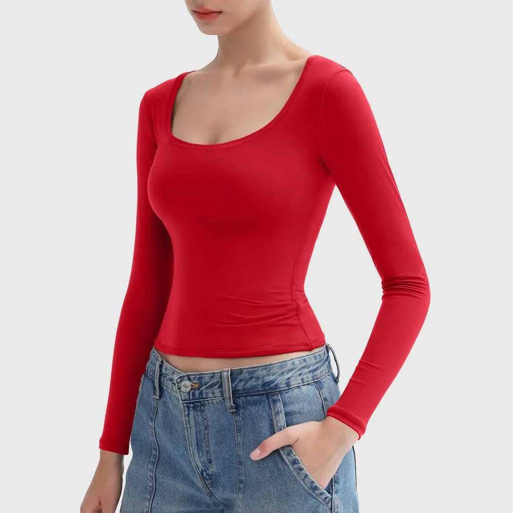 Classic Design T-shirt Women's Scoop Neck Long Sleeve Slim Fit Pullover Tops Solid Color High Elastic Blouse for Versatile Style