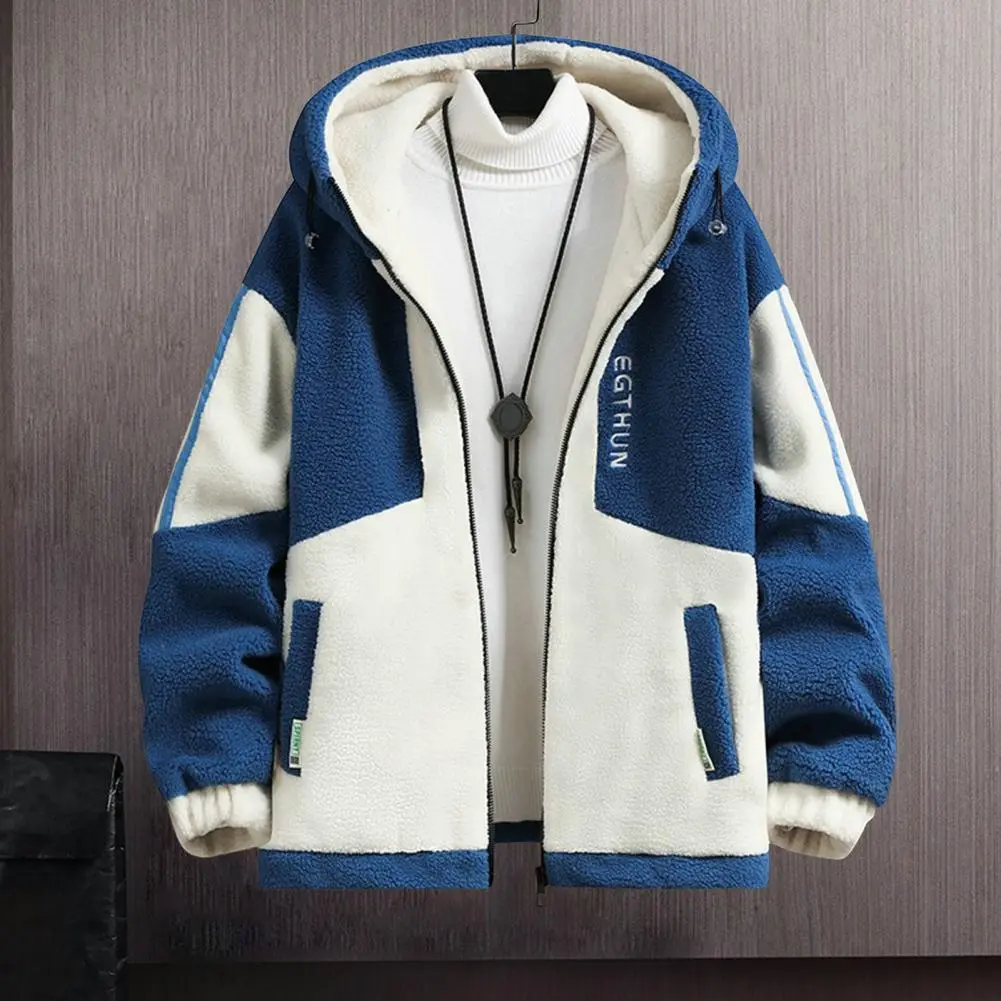Winter and Autumn Granular Fleece Thicken Streetwear Men Jacket Coats Casual Hooded Lambswool Color Matching Keep Warm Fashion