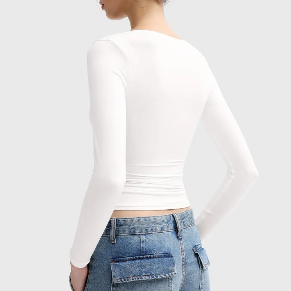 Classic Design T-shirt Women's Scoop Neck Long Sleeve Slim Fit Pullover Tops Solid Color High Elastic Blouse for Versatile Style