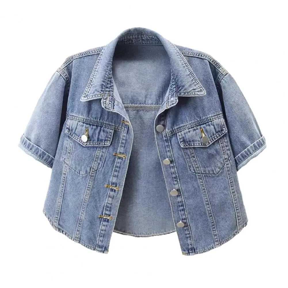 Women's Cropped Denim Jackets Lapel Button Down Casual Coat Women's Denim Jacket Cropped Jean Coat