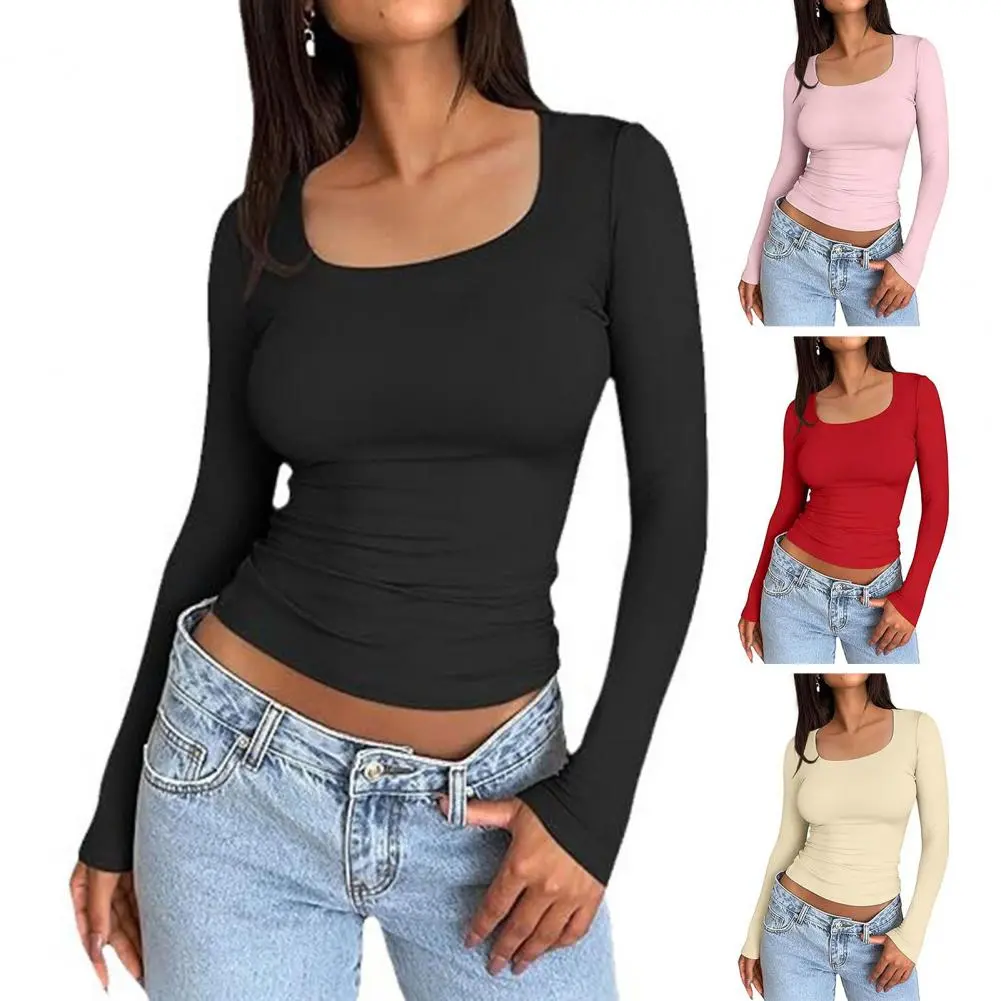 Classic Design T-shirt Women's Scoop Neck Long Sleeve Slim Fit Pullover Tops Solid Color High Elastic Blouse for Versatile Style