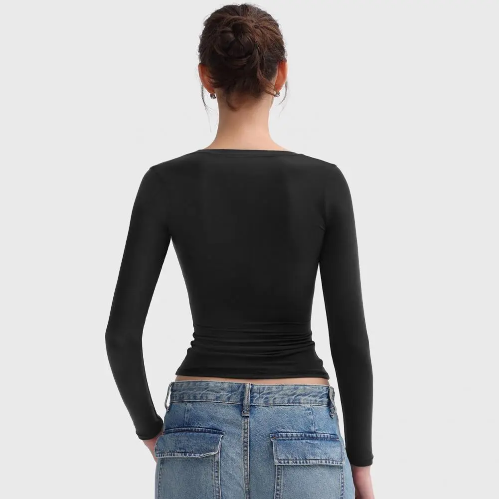 Classic Design T-shirt Women's Scoop Neck Long Sleeve Slim Fit Pullover Tops Solid Color High Elastic Blouse for Versatile Style