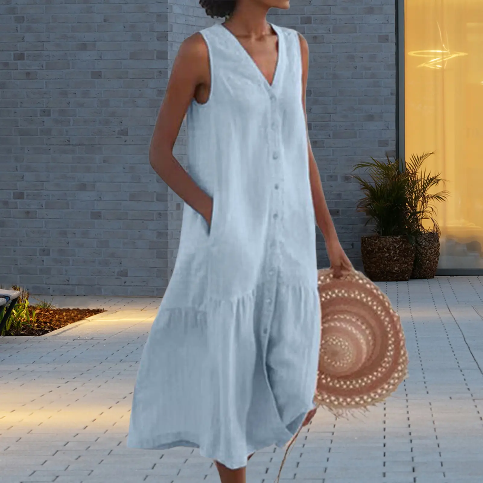 Summer Women Sleeveless Sundress Elegant V Neck Cotton Linen Solid Long Tank Dress Vintage Pockets Beach Vestidos 2023