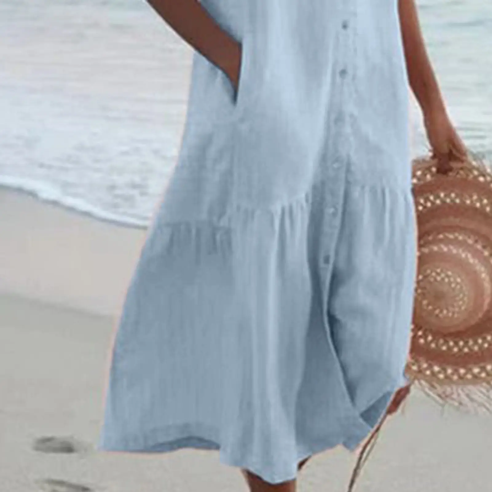 Summer Women Sleeveless Sundress Elegant V Neck Cotton Linen Solid Long Tank Dress Vintage Pockets Beach Vestidos 2023