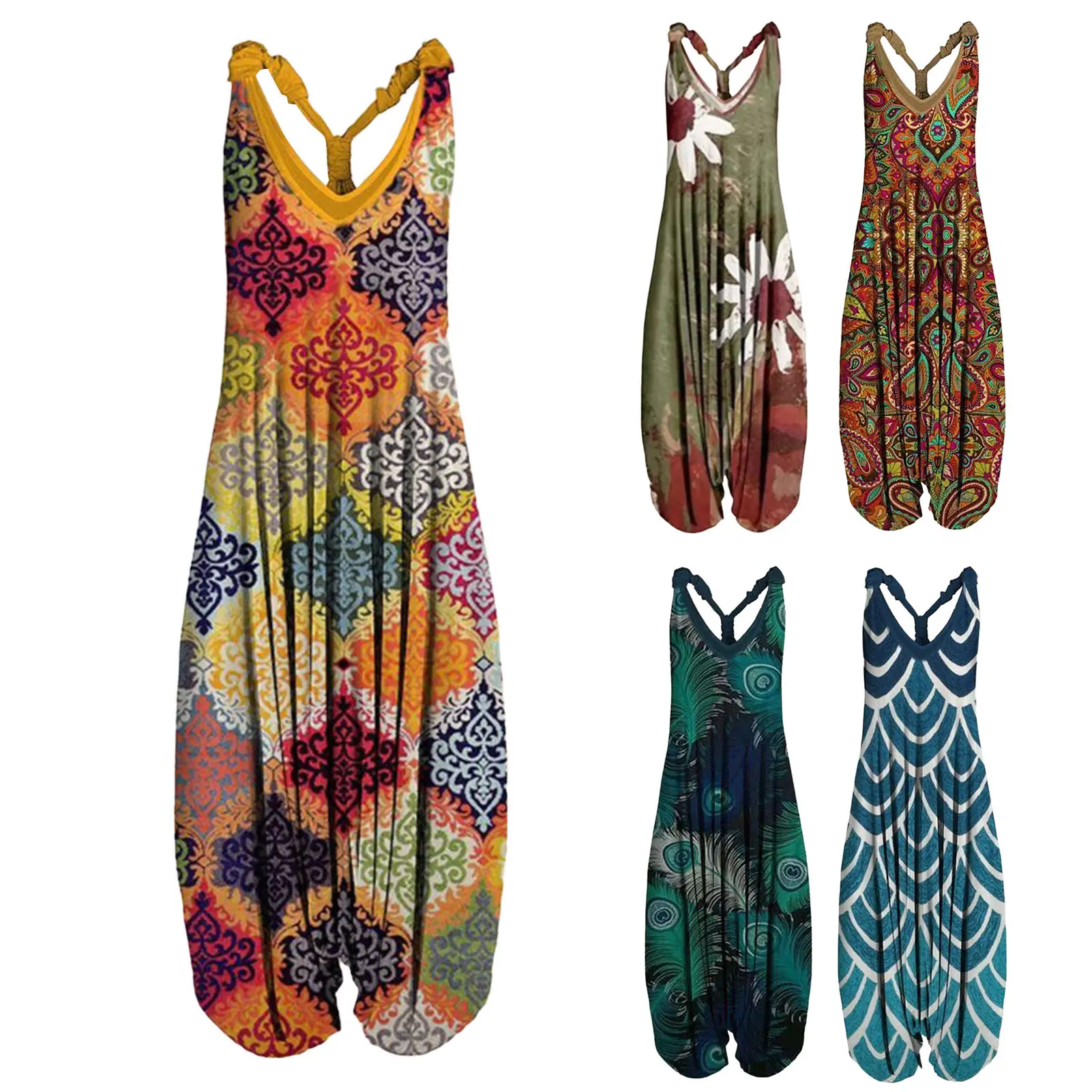 2025 Spring/Summer AliExpress Cross border European and American New Women's Fashion Printed Sleeveless V-neck jumpsuit for wome