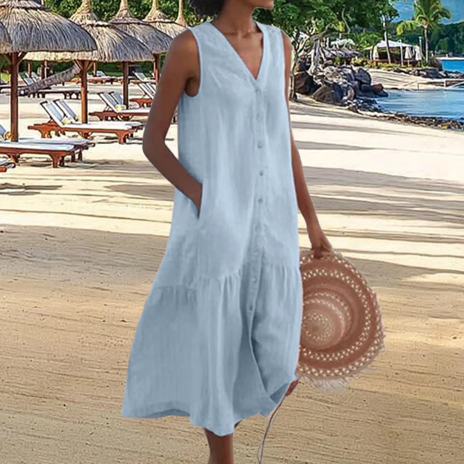 Summer Women Sleeveless Sundress Elegant V Neck Cotton Linen Solid Long Tank Dress Vintage Pockets Beach Vestidos 2023