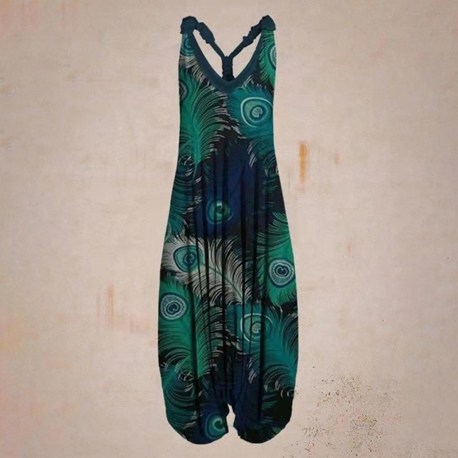 2025 Spring/Summer AliExpress Cross border European and American New Women's Fashion Printed Sleeveless V-neck jumpsuit for wome