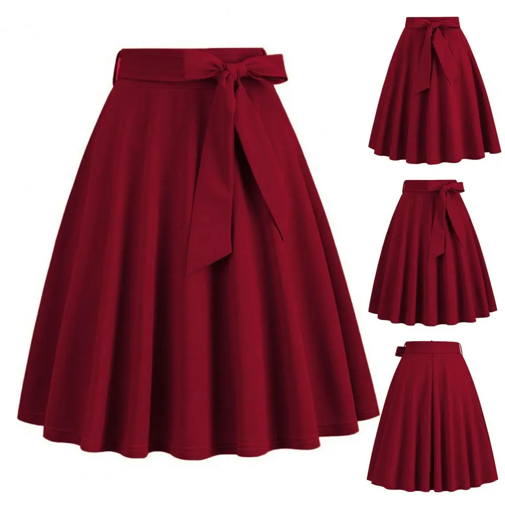 Women Summer Midi Long Skirt Solid Elegant Faldas High Waist A Line 50s Swing Skirts
