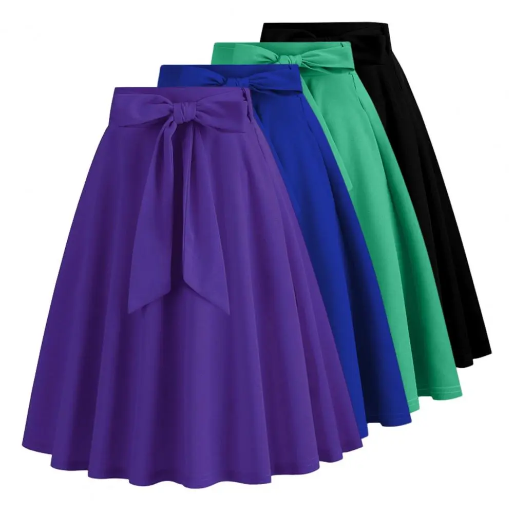 Women Summer Midi Long Skirt Solid Elegant Faldas High Waist A Line 50s Swing Skirts