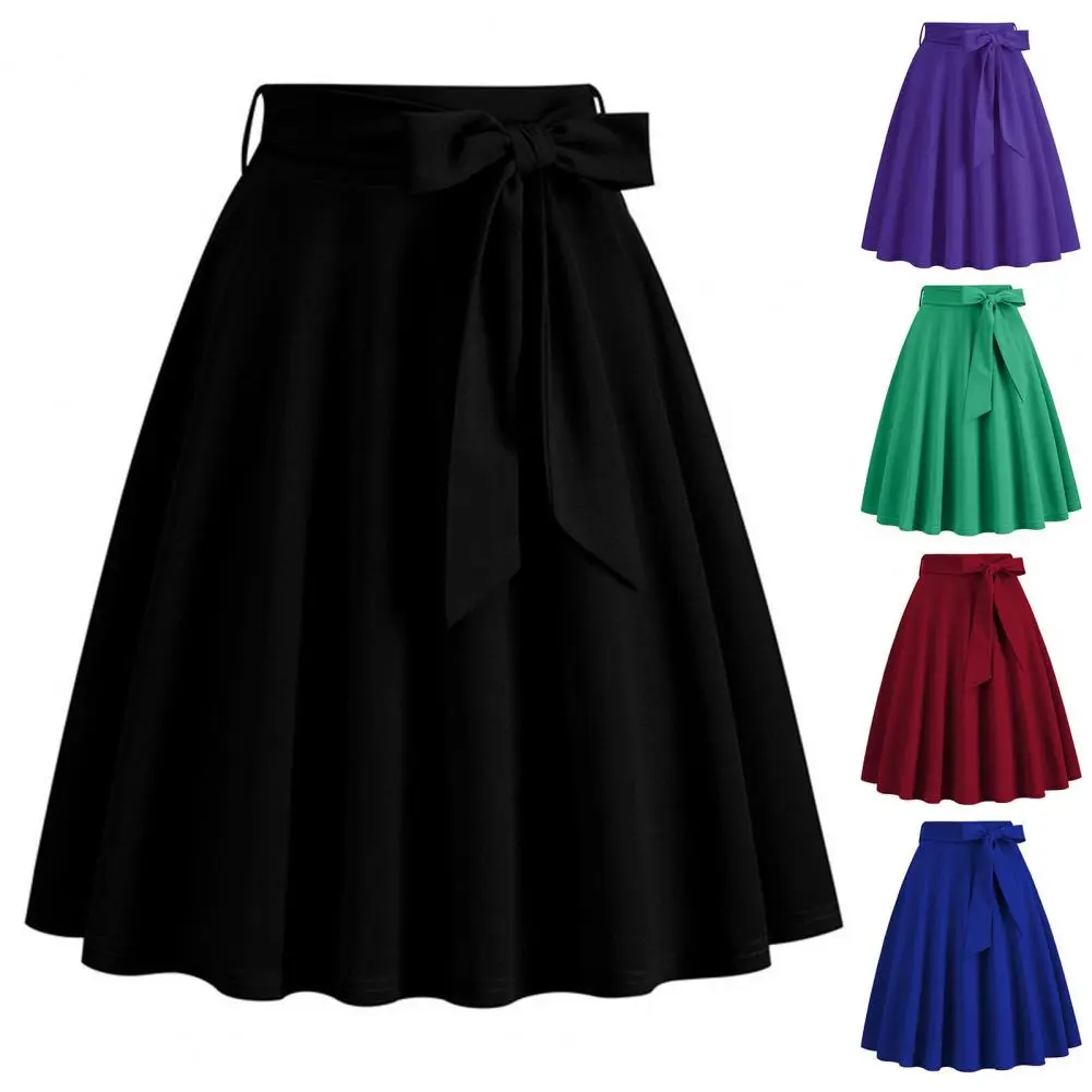 Women Summer Midi Long Skirt Solid Elegant Faldas High Waist A Line 50s Swing Skirts