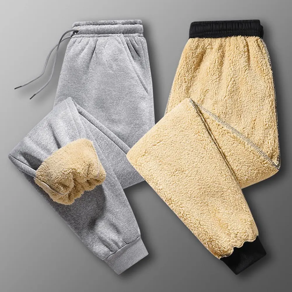 Men Side Pocket Pants Men's Winter Fleece Pants with Drawstring Waist Heat Retention Pockets Solid Color Warm Sport for Work