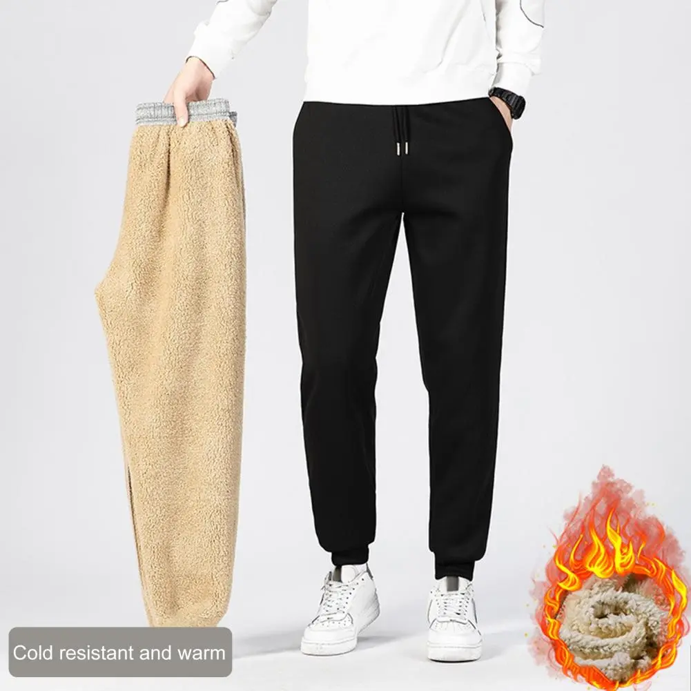 Men Side Pocket Pants Men's Winter Fleece Pants with Drawstring Waist Heat Retention Pockets Solid Color Warm Sport for Work