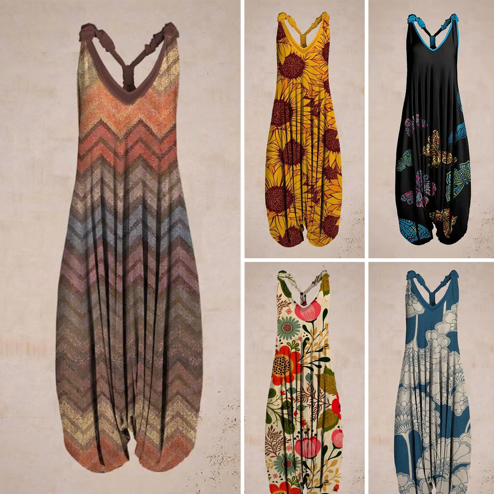 2025 Spring/Summer AliExpress Cross border European and American New Women's Fashion Printed Sleeveless V-neck jumpsuit for wome