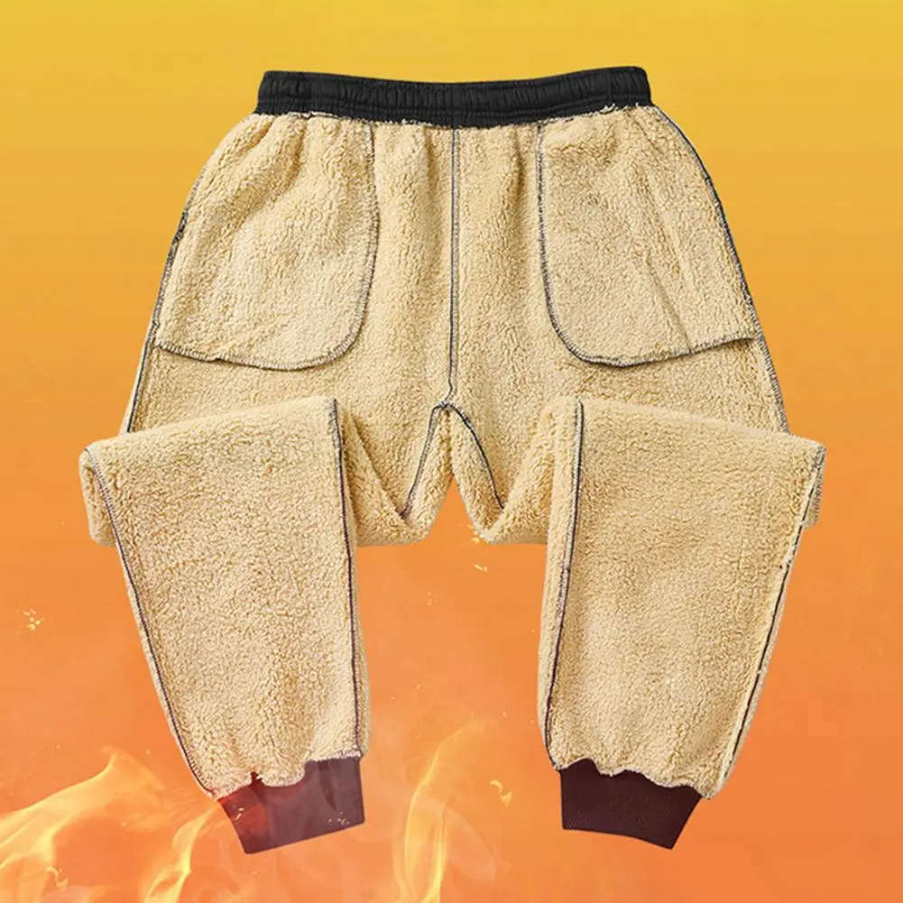 Men Side Pocket Pants Men's Winter Fleece Pants with Drawstring Waist Heat Retention Pockets Solid Color Warm Sport for Work
