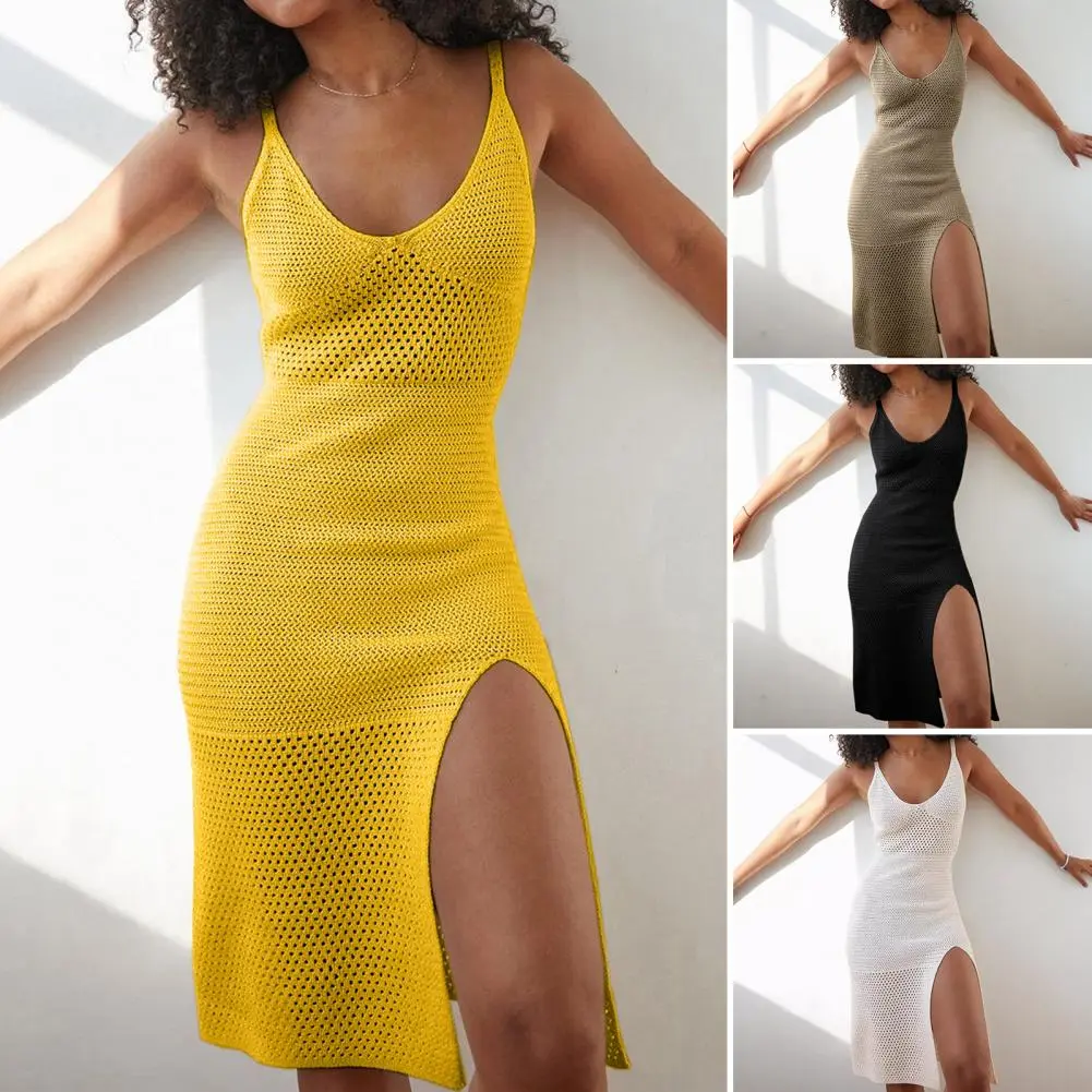 New Style Sexy V Neck Side Slit Dress Women's Beach Vacation Sunbathing Cover Up Knitting Sexy Hollow Out Dress