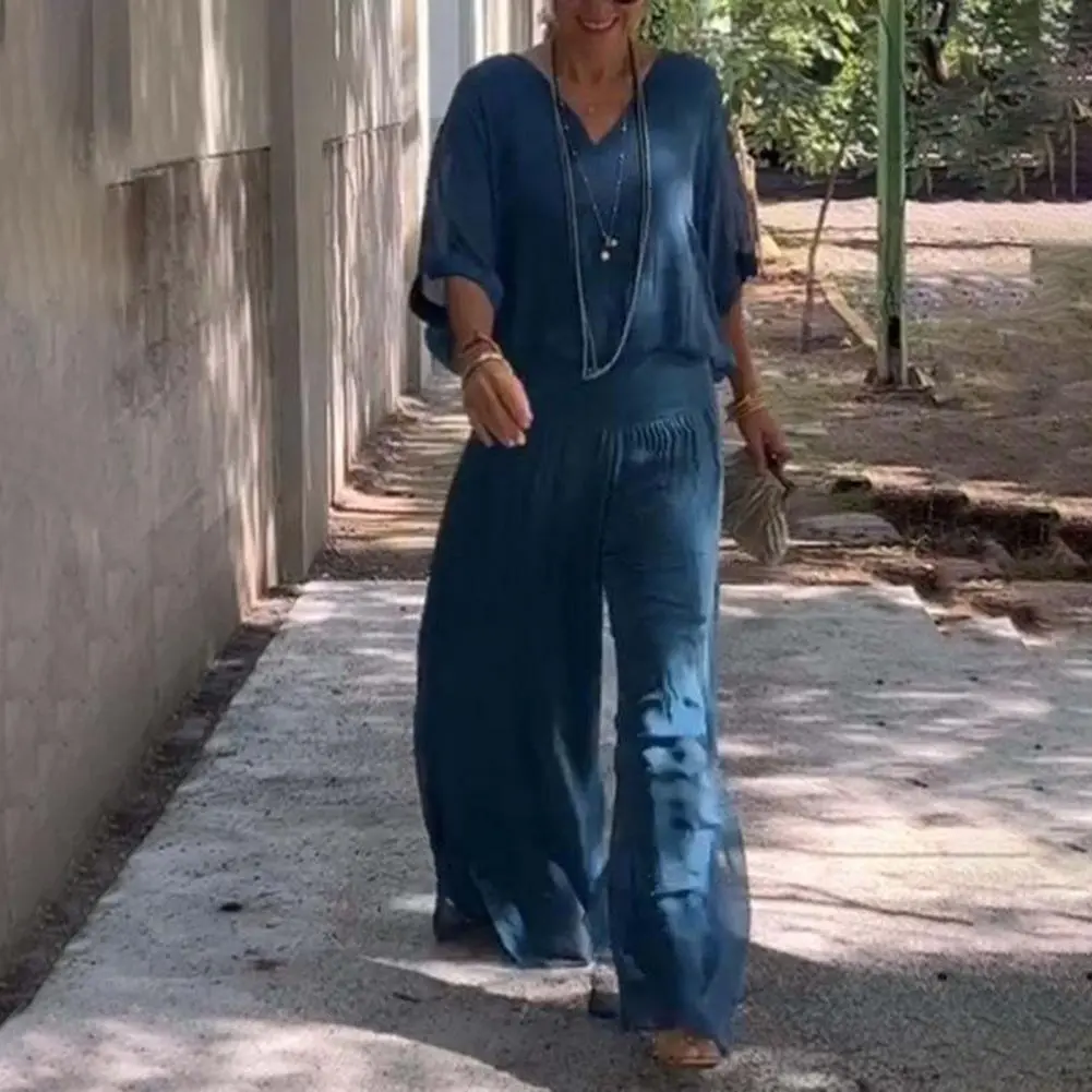 Solid Color Two Piece Chic Women's Chiffon Two Piece Set with V-neck Top Wide Leg Pants Summer Casual Outfit for Loungewear