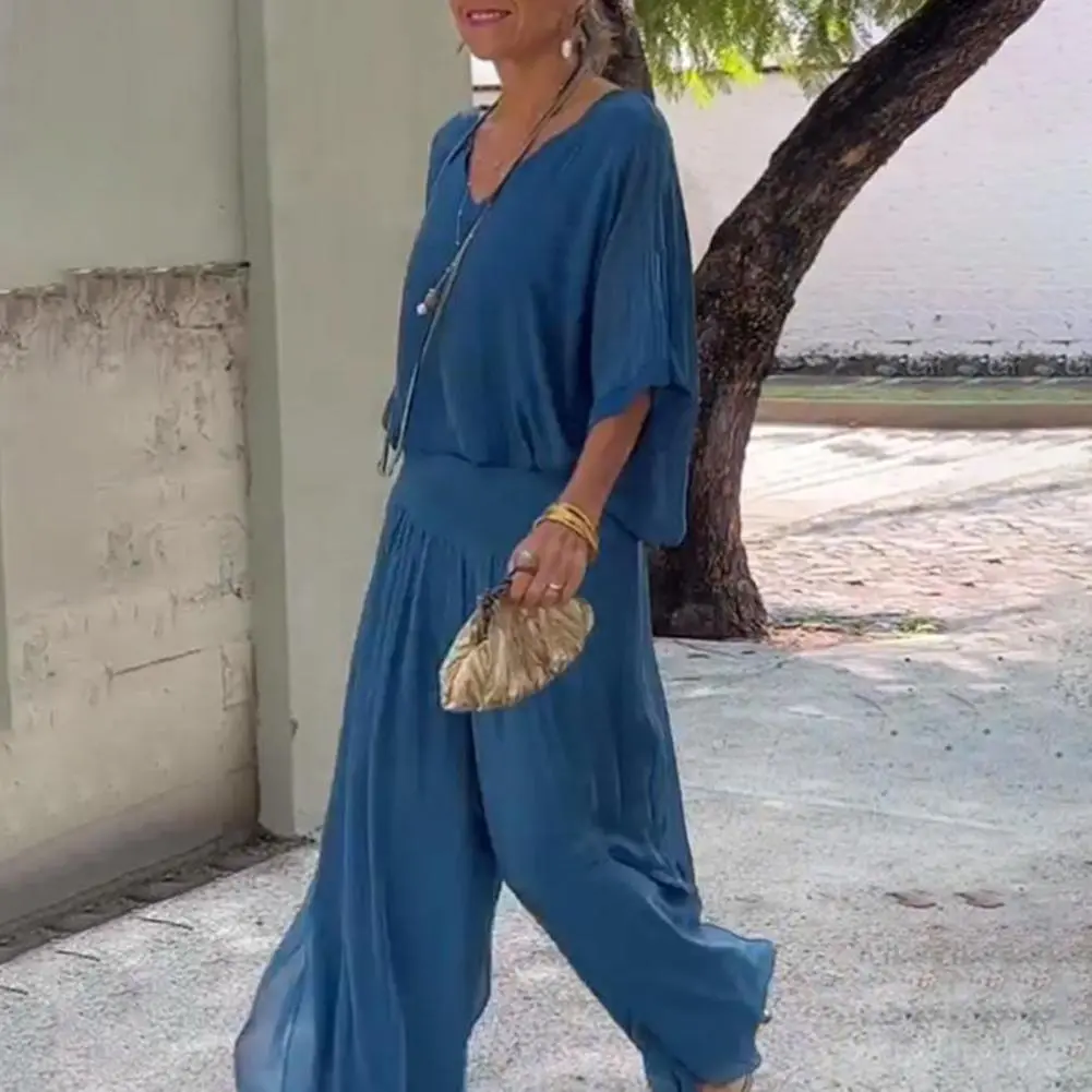 Solid Color Two Piece Chic Women's Chiffon Two Piece Set with V-neck Top Wide Leg Pants Summer Casual Outfit for Loungewear